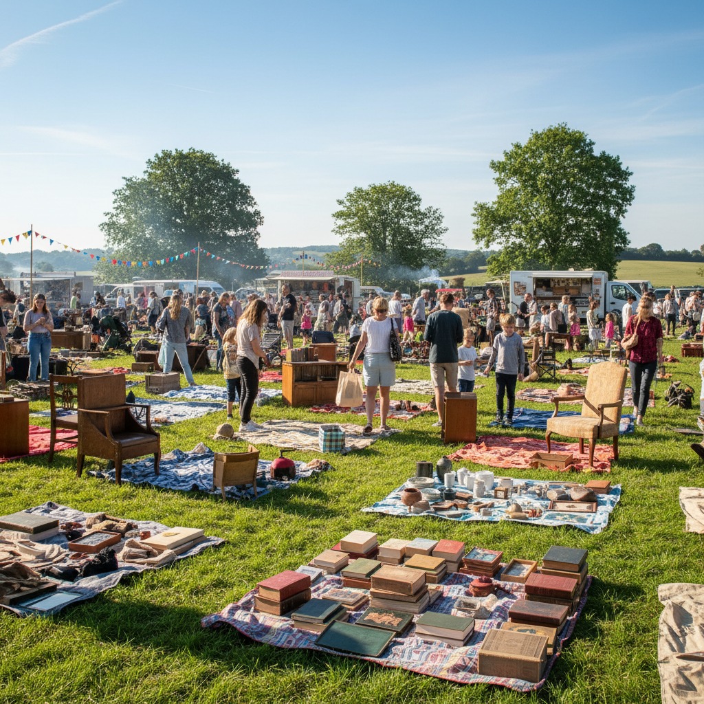 Flohmarkt im freien auf einer Wiese in der Sonne