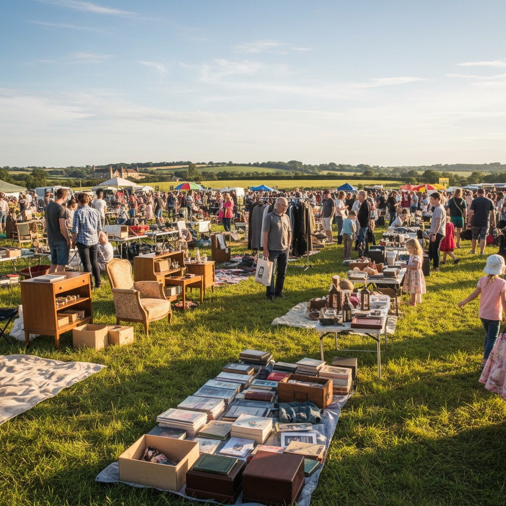 Flohmarkt im freien auf einer Wiese in der Sonne